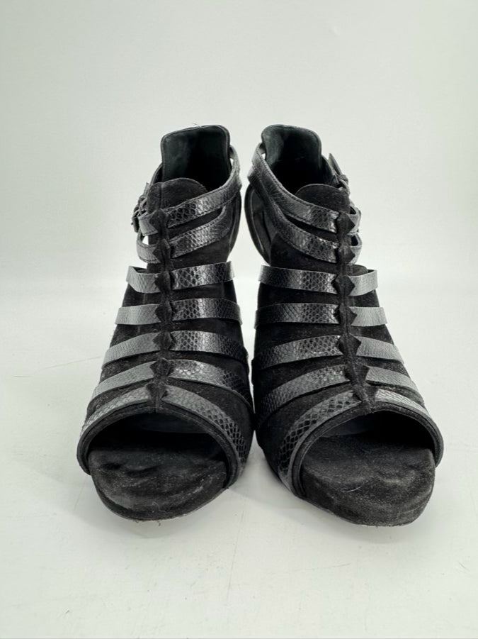 BOTTEGA VENETA Size 40 Black Suede & Embossed Leather Strappy Peep Toe Heels