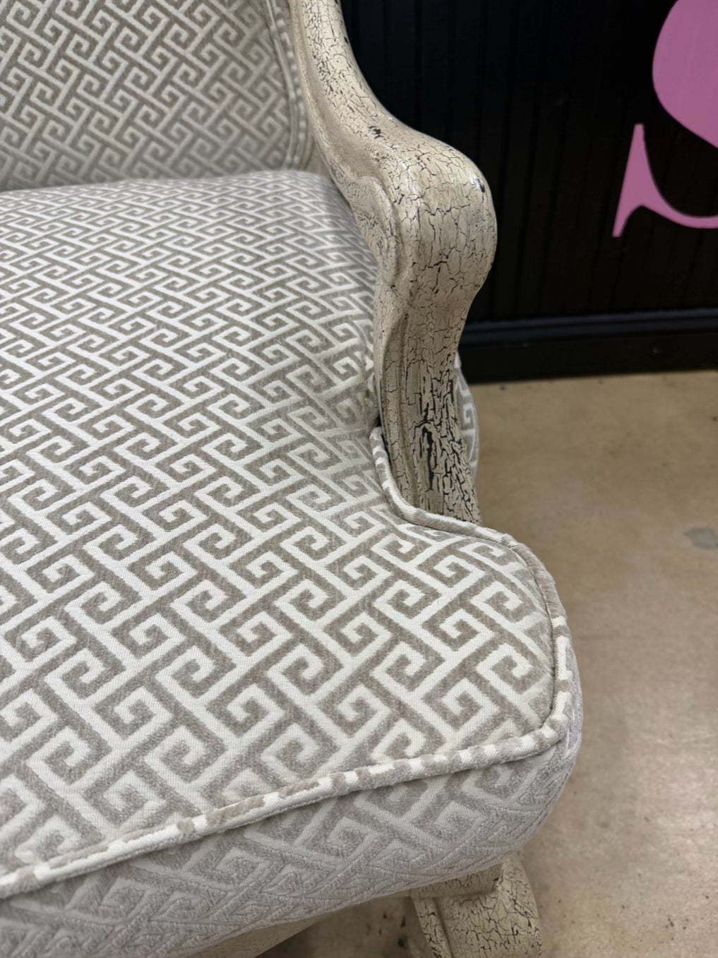 Cream Crackle Louis XV Oversized Pair Of Chairs w/ Taupe & White Fabric