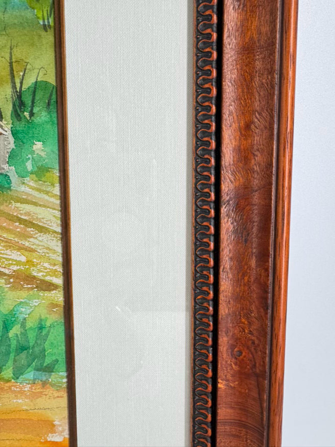 SIGNED Barn w/ Mountain View Watercolor in Burlwood Frame