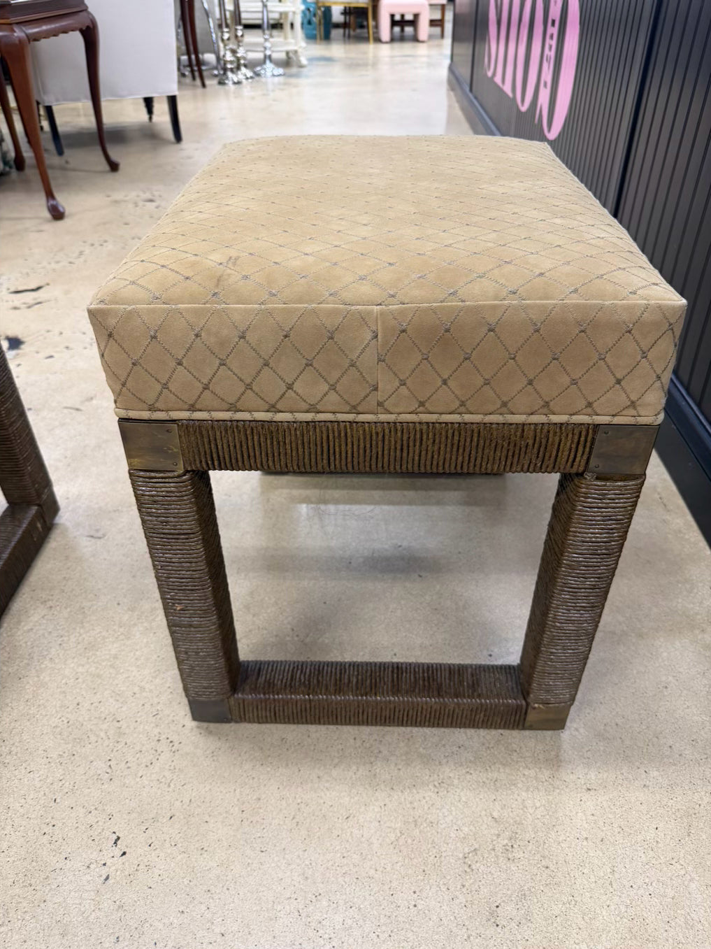 Brown Parsons Woven Pair Of Stools w/ Tan Suede Fabric
