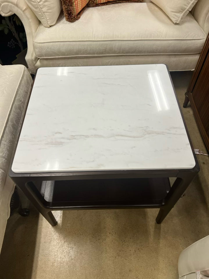 Brown & White Wood & Stone End Table
