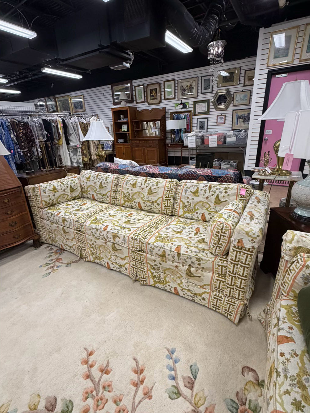 VINTAGE Cream, Gold, Green & Rust Birds Sofa w/ 3 Cushions