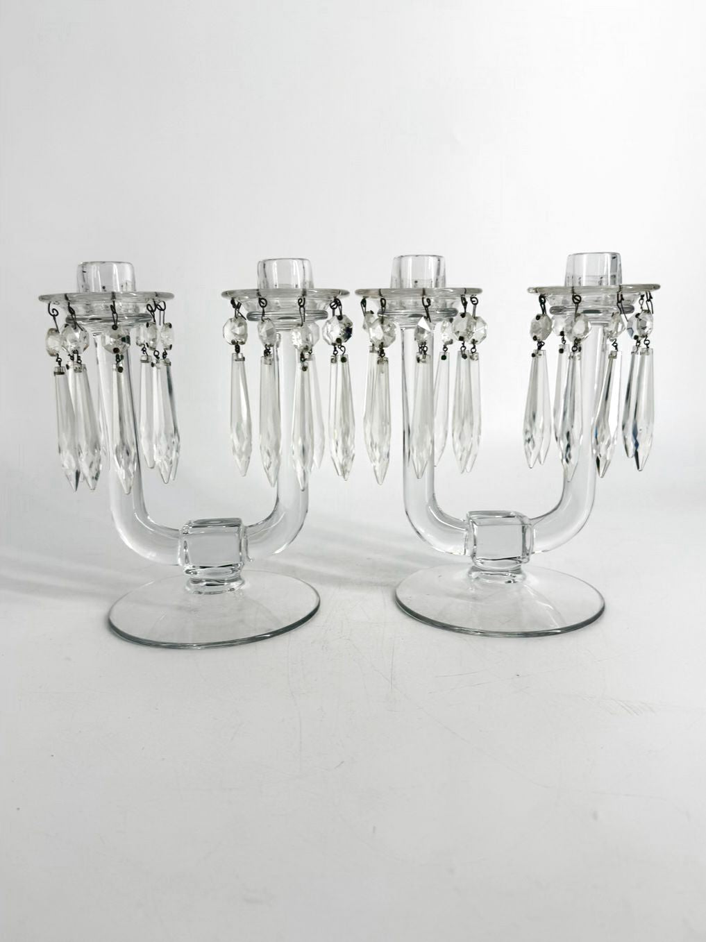 HEISEY Clear Glass Pair Of Candleholders w/ Babiches