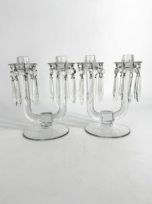 HEISEY Clear Glass Pair Of Candleholders w/ Babiches