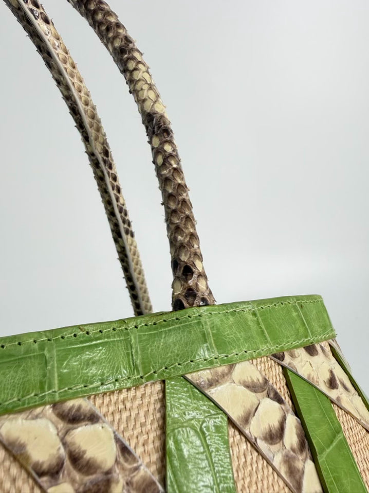 NANCY GONZALEZ Green Exotic Python , Crocodile & Canvas Tote Shoulder Bag