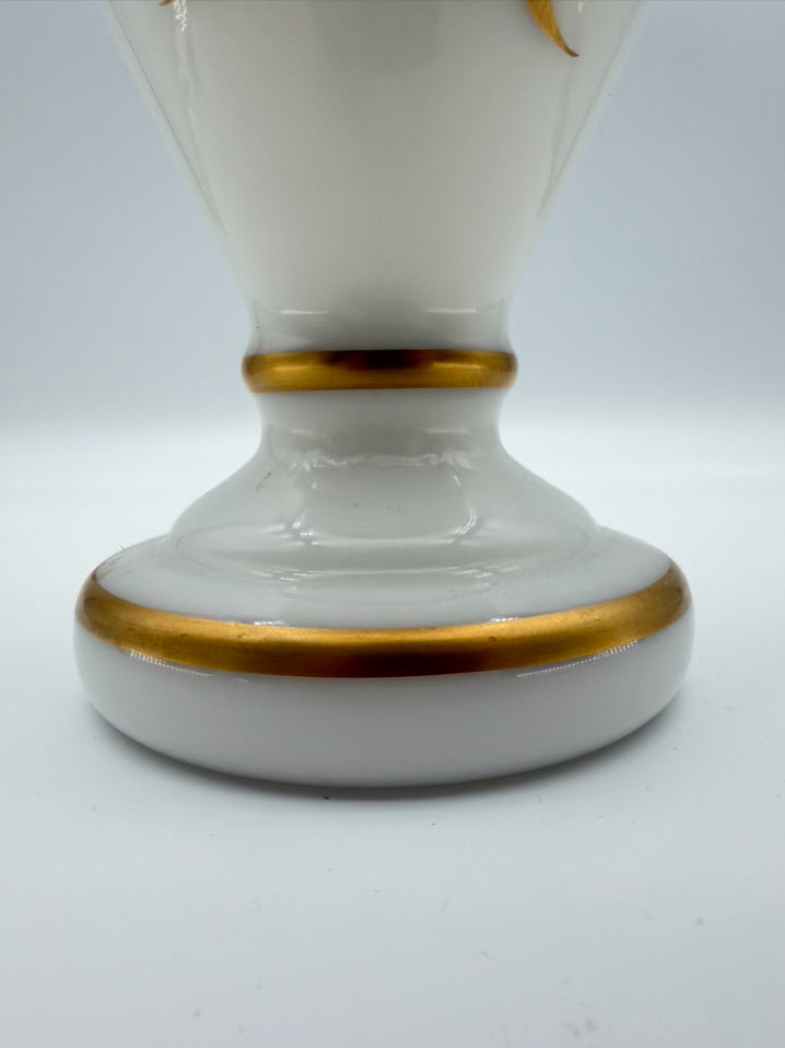 VINTAGE White Opaline Pair Of Vases w/ Ruffled Top & Gold Trim