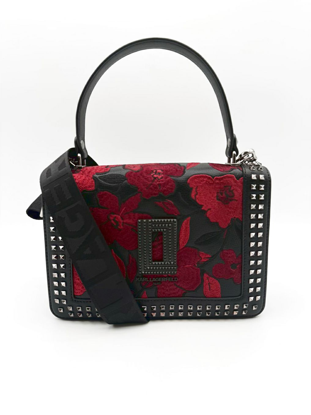 KARL LAGERFELD Simone Black & Red Leather Floral Flap Crossbody Purse