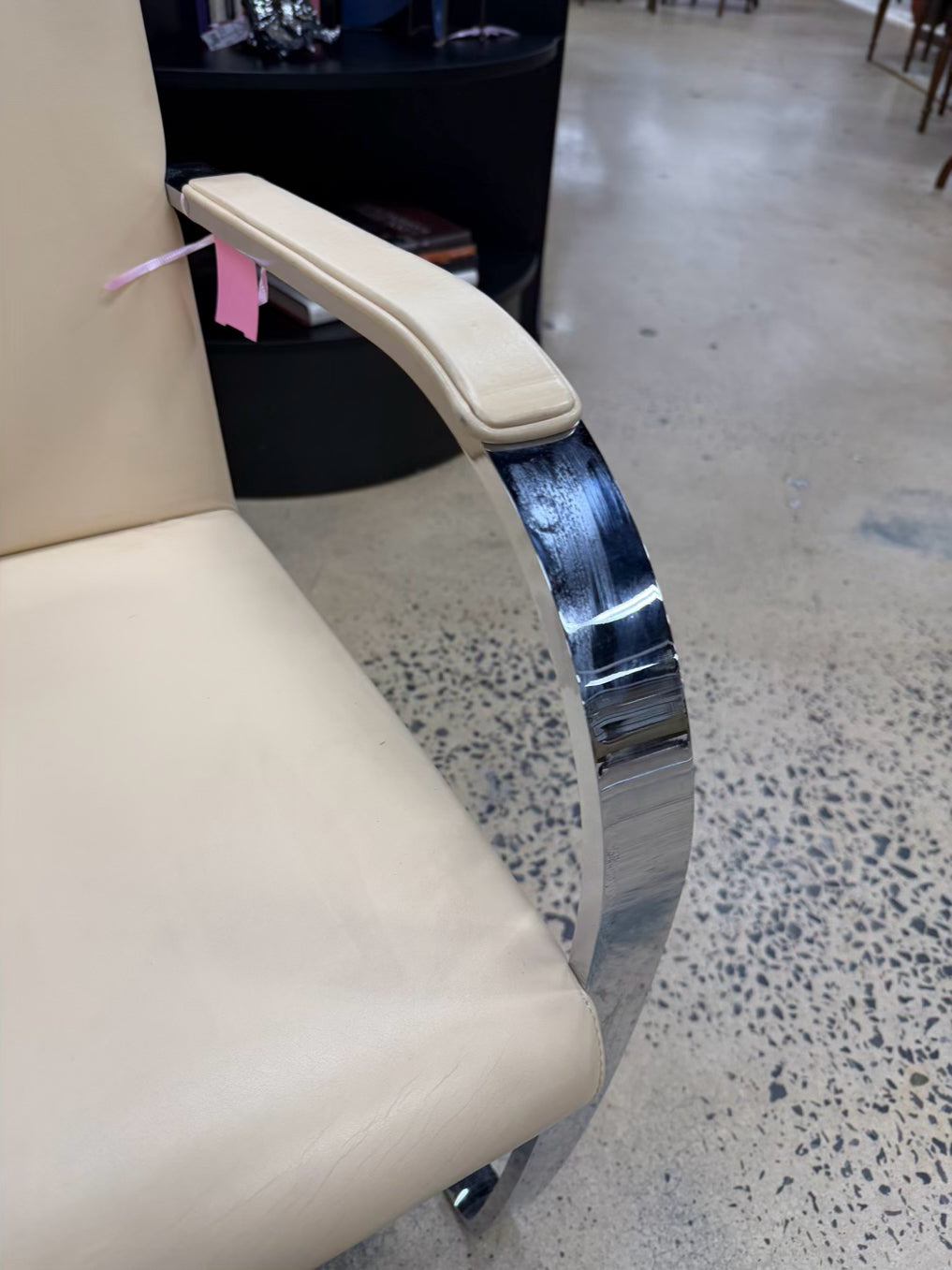 Knoll Style Cream Leather Like Chair w/ Chrome Legs