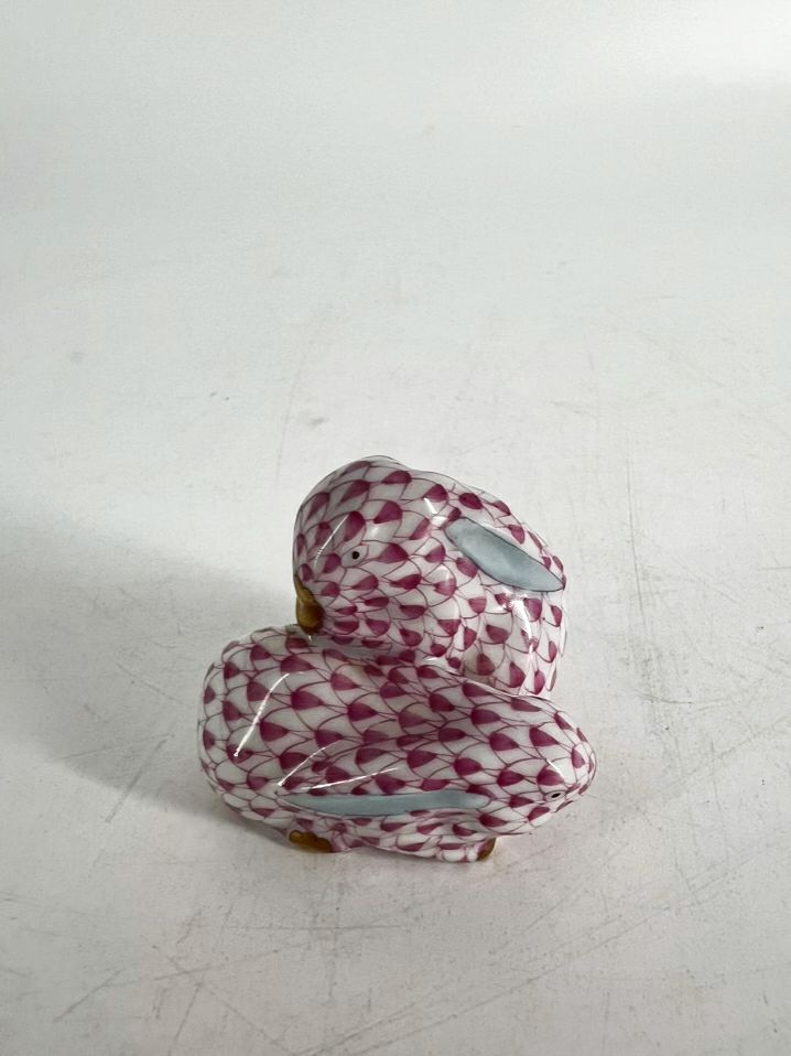 HEREND Pink & White Bunnies Cuddling Figurine