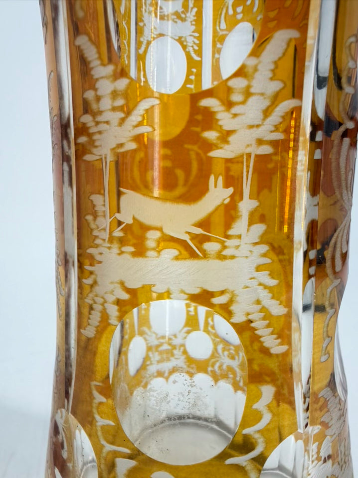 BOHEMIAN Amber & Clear Crystal Woodland Design Vase