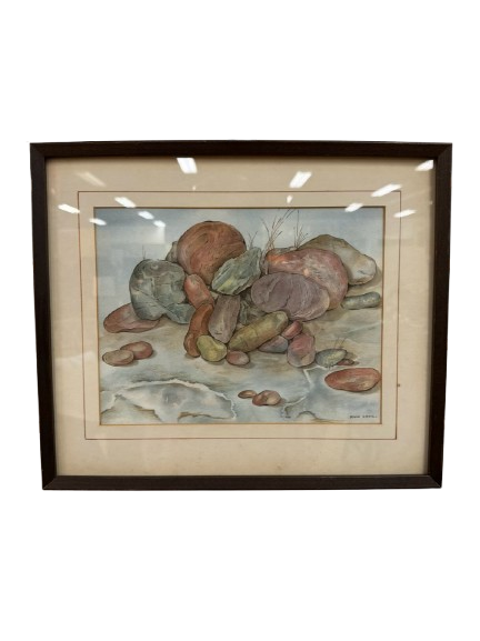 ANN DAVIS Watercolor Rock In Brown Frame
