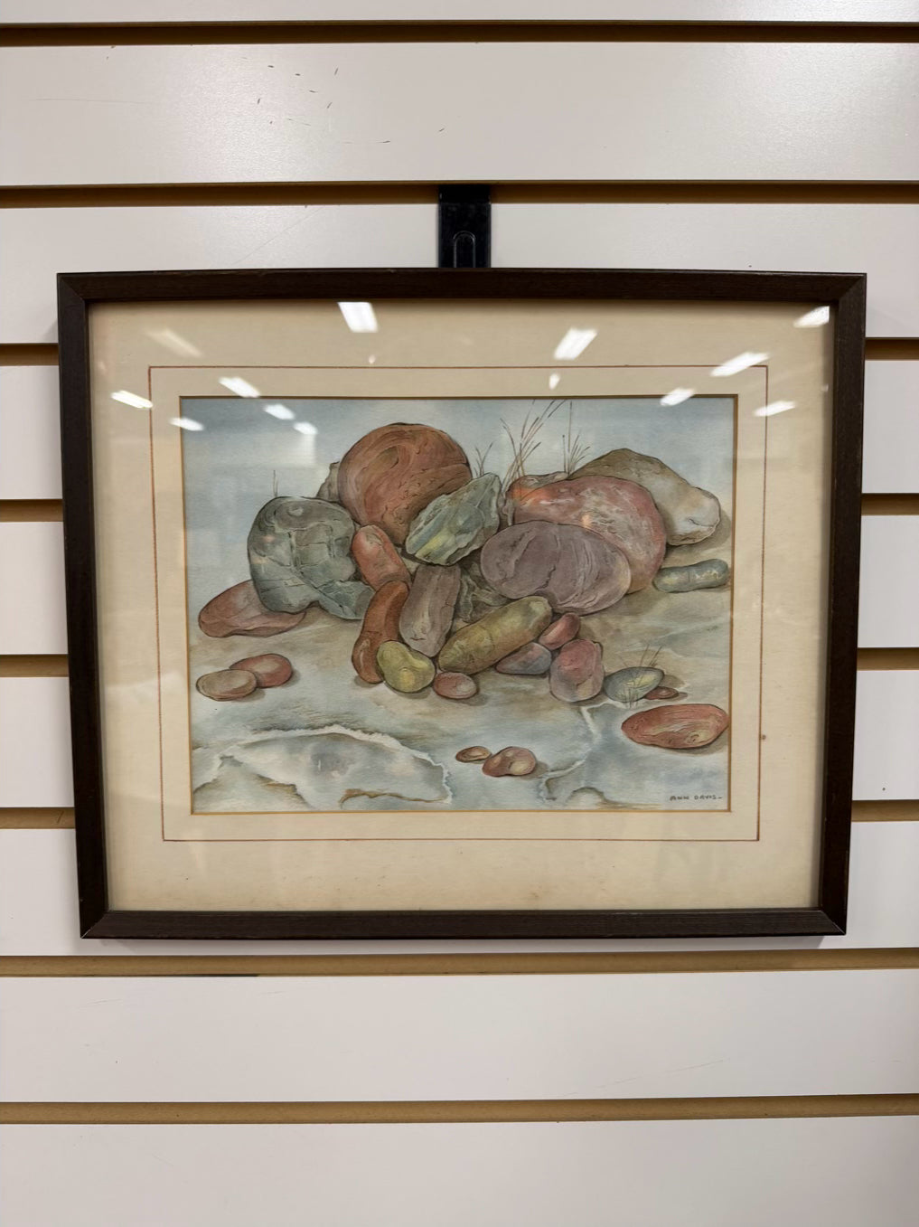 ANN DAVIS Watercolor Rock In Brown Frame