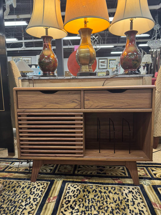 Wood Slat Record Cabinet w/ Sliding Door