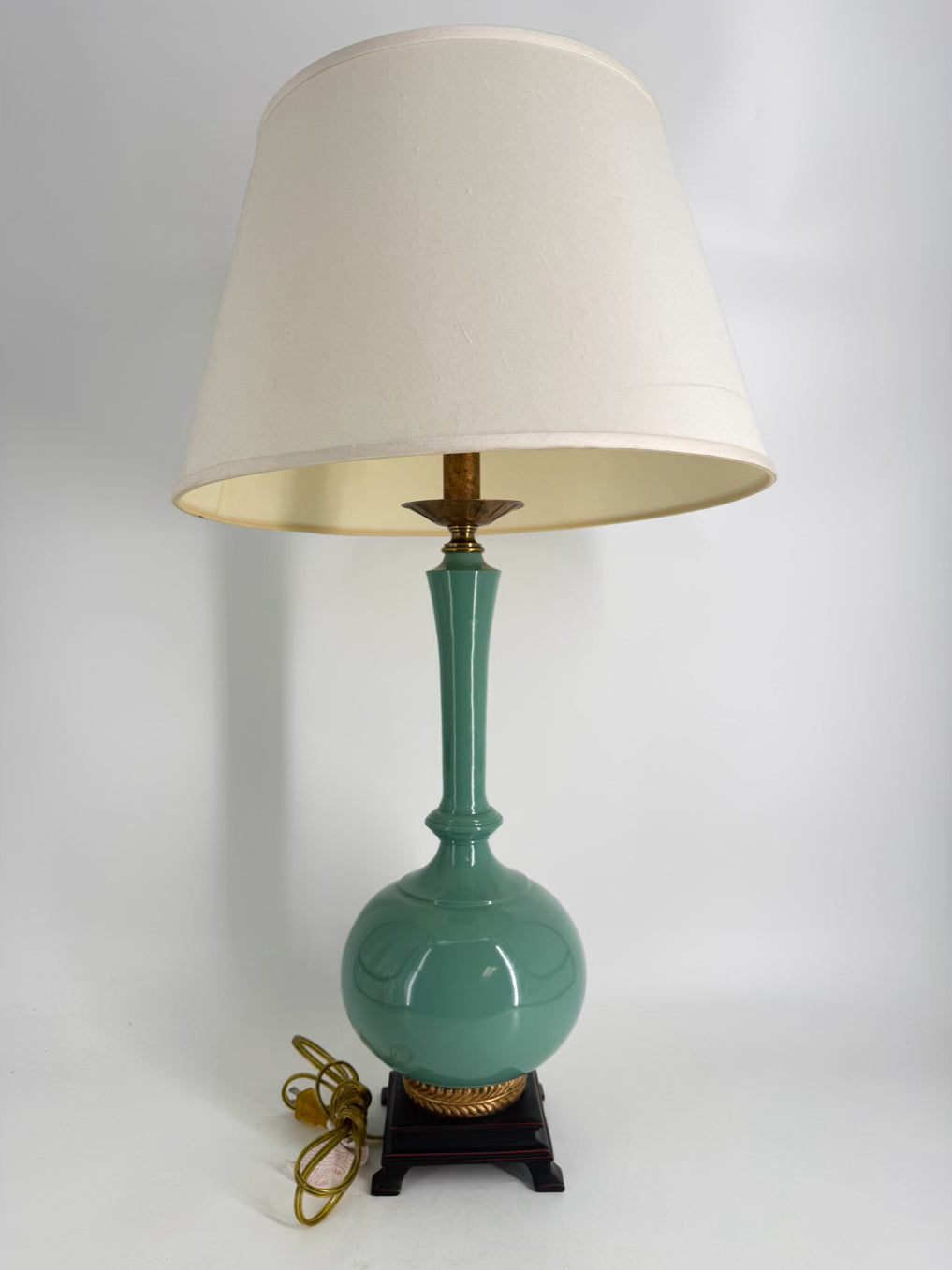 Aqua Lamp w/ Wood & Brass Like Base Detail & Shade