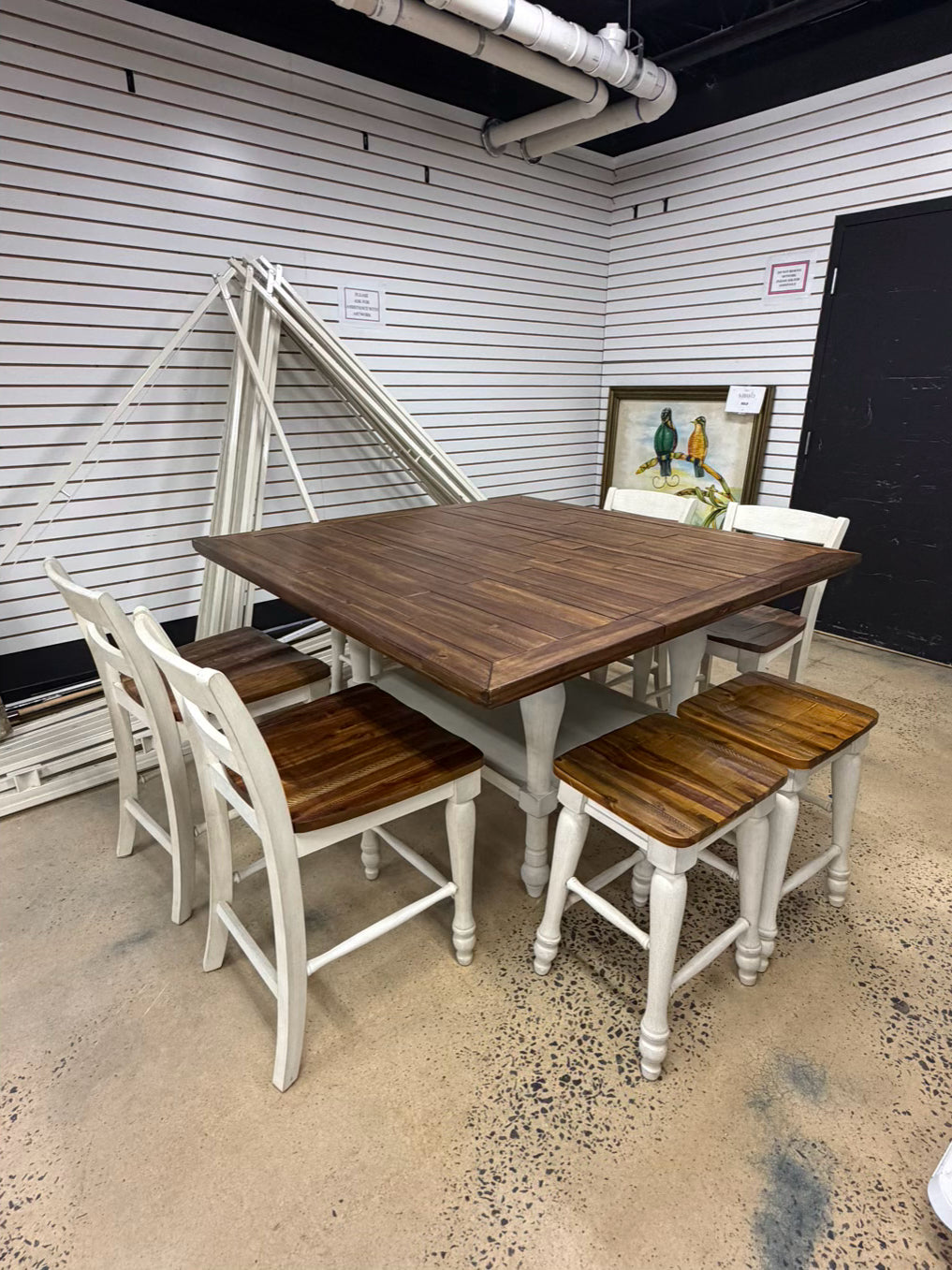 Brown & White Counter Height Wood Dinning Table w/ 4 Barstools & 4 Backed Barstools