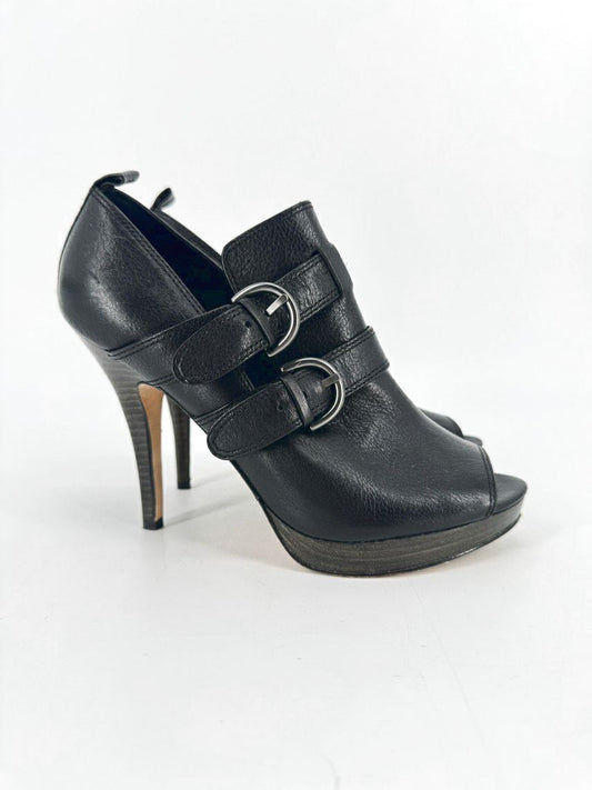 COACH Size 8 Black Leather Buckle Alexia Peep-Toe Heels