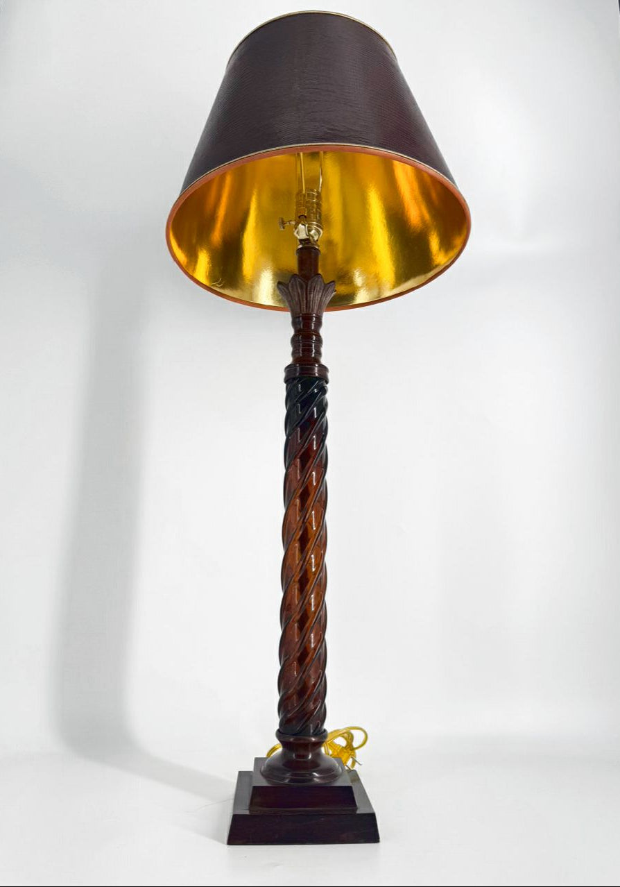 VINTAGE THE BRADBURY GALLERY Amber Glass Lamp w/ Leather Look Shade