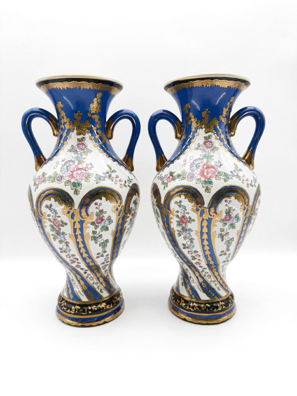 Blue, White, Pink & Green Amphora Floral Porcelain Pair Of Vases w/ Handles