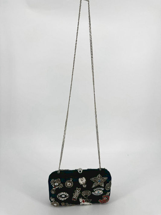 TIANA Black Beaded Eyes Clutch Bag w/ Crossbody Strap