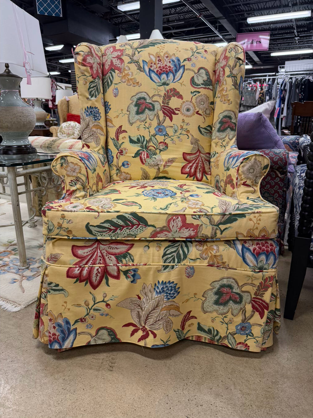 VINTAGE Yellow, Blue, Red & Green Floral Slip Covered Wingback Chair