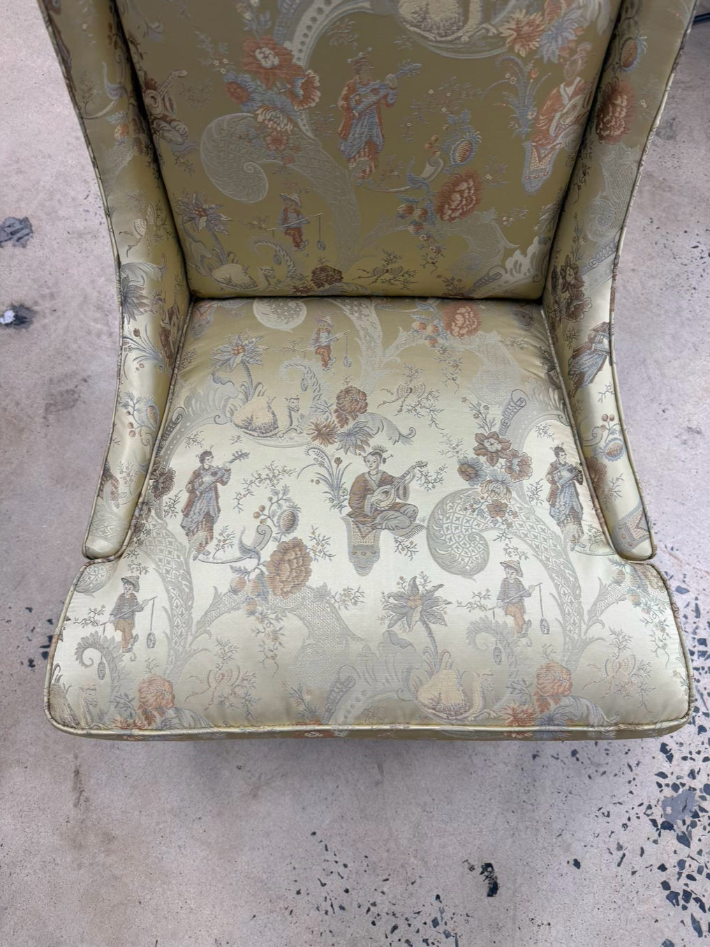 High back Armless Pair Of Chairs w/ Asian Jacquard Fabric