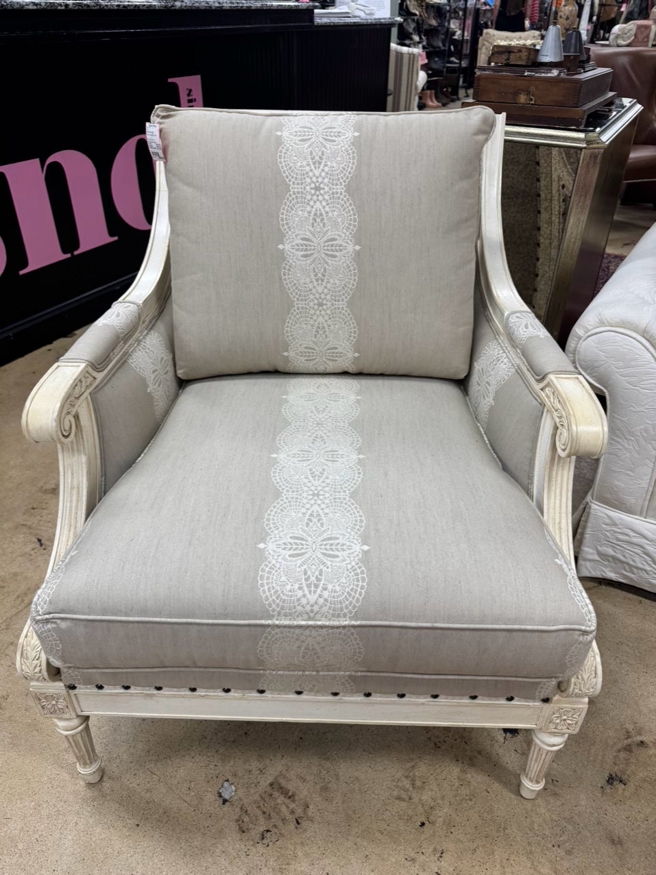 ETHAN ALLEN Cream & Taupe Wood Upholstered French Chair
