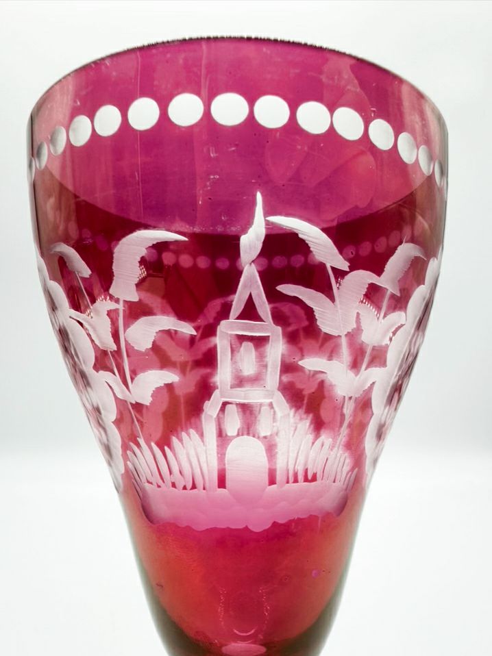 BOHEMIAN Red & Frosted Glass Set Of 8 Footed Glasses