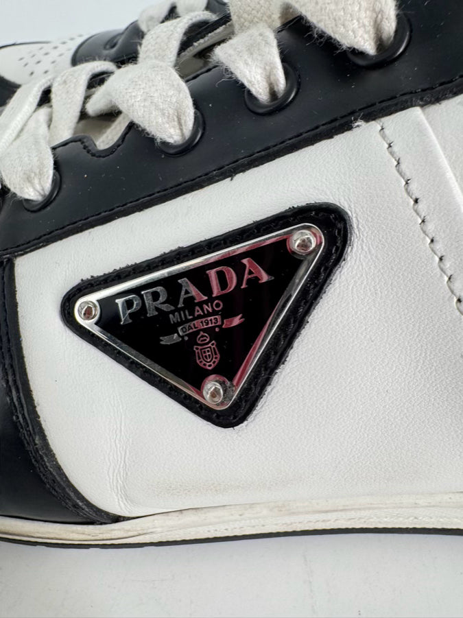 PRADA Size 11 Black & White Leather Downtown Sneakers