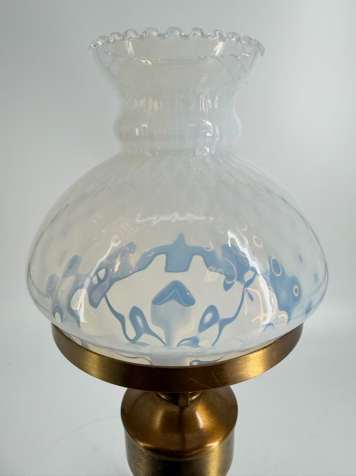 VINTAGE Mid-Century Brass Hurricane Pair Of Lamps w/ White Swirl Glass Globes