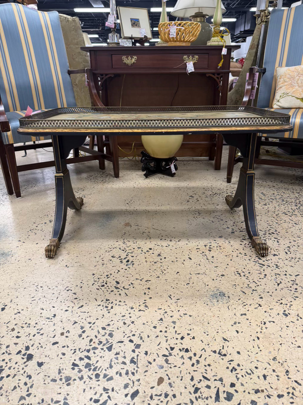Black & Cream Chinoiserie Wood Birds & Flowers Coffee Table