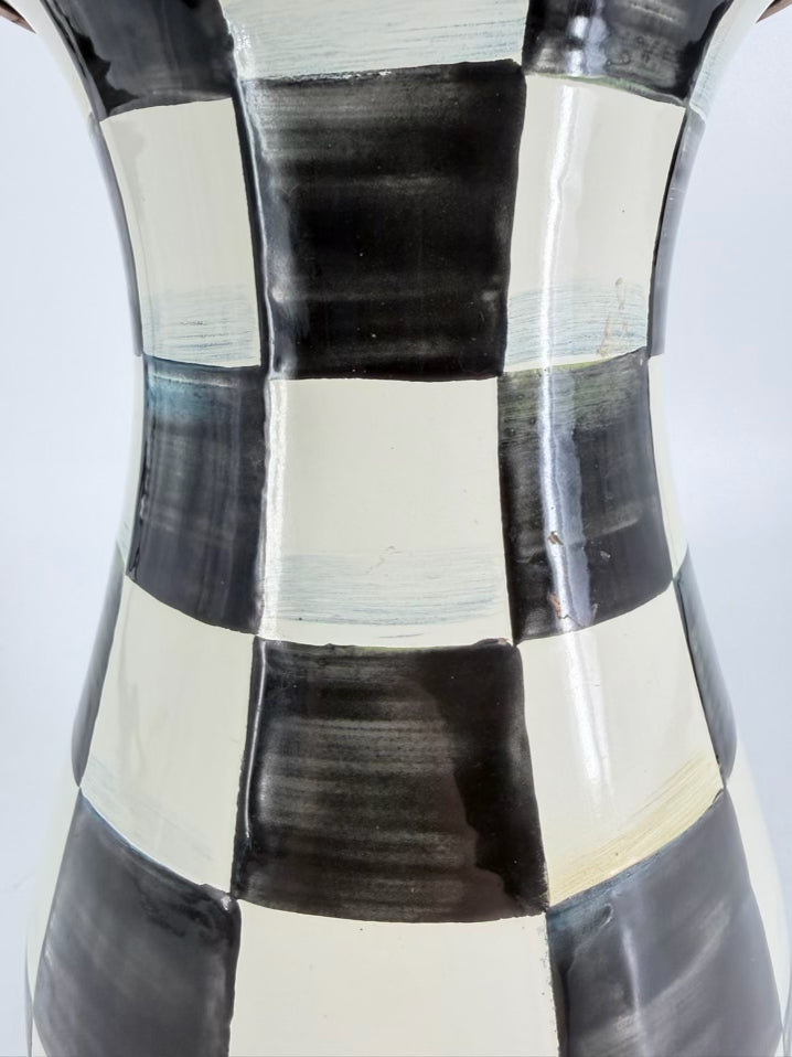 MACKENZIE CHILDS Courtly Check Black & Cream Metal Vase w/ Brass Rim