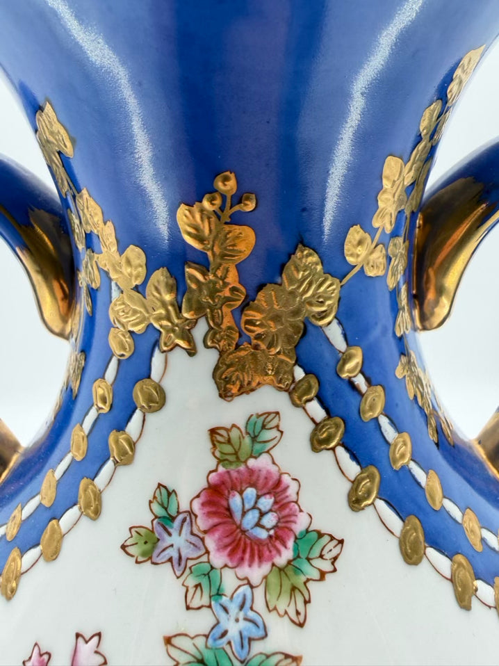 Blue, White, Pink & Green Amphora Floral Porcelain Pair Of Vases w/ Handles