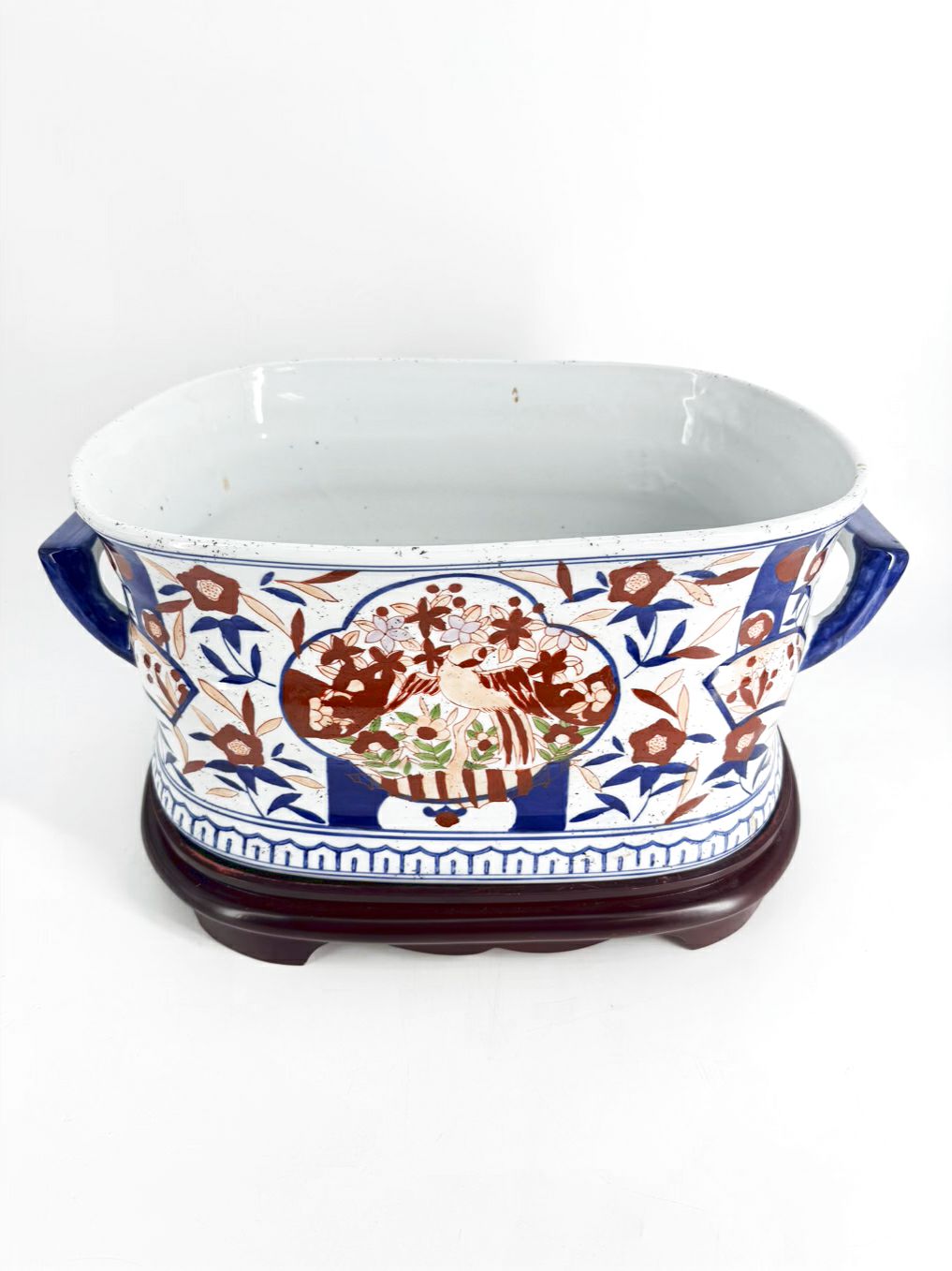 Navy, Rust & White Porcelain Foot Bath w/ Wood Base