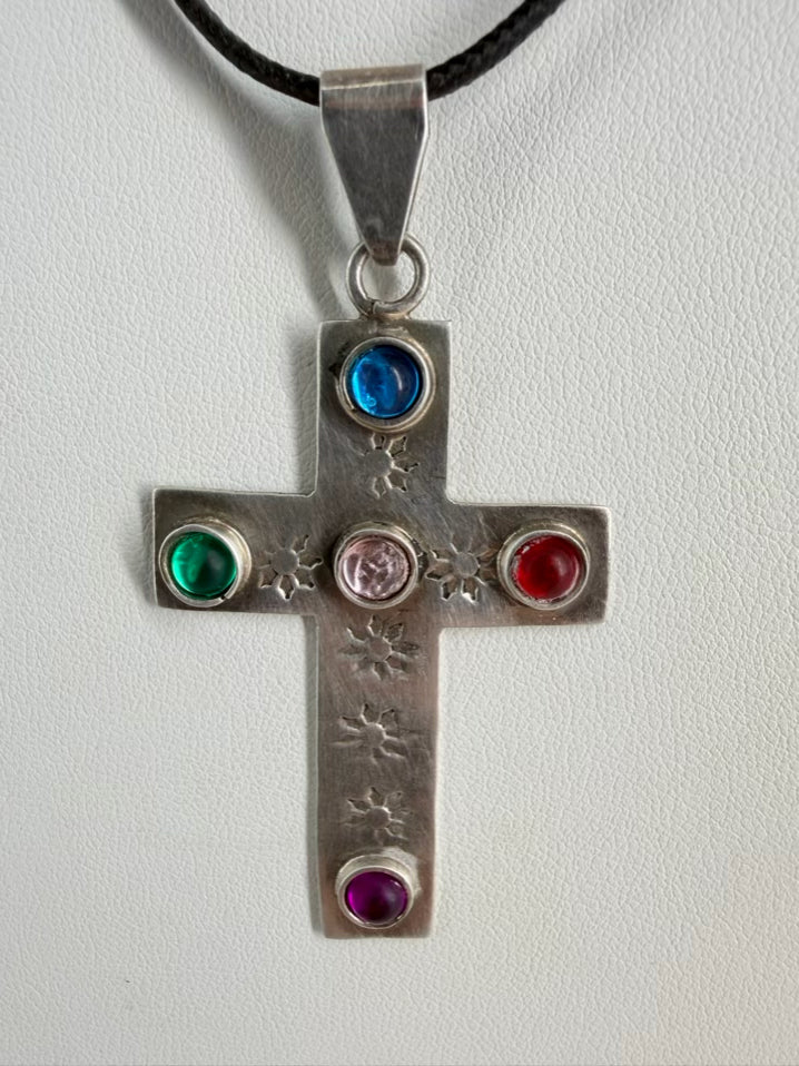 MEXICAN STERLING SILVER Multi Colored Cross Necklace