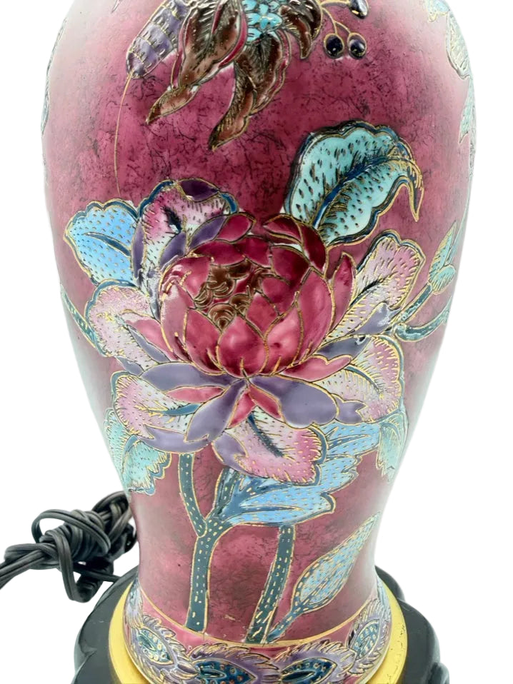 Burgundy & Blue Porcelain Jar Asian Inspired Lamp On Brown Wooden Base