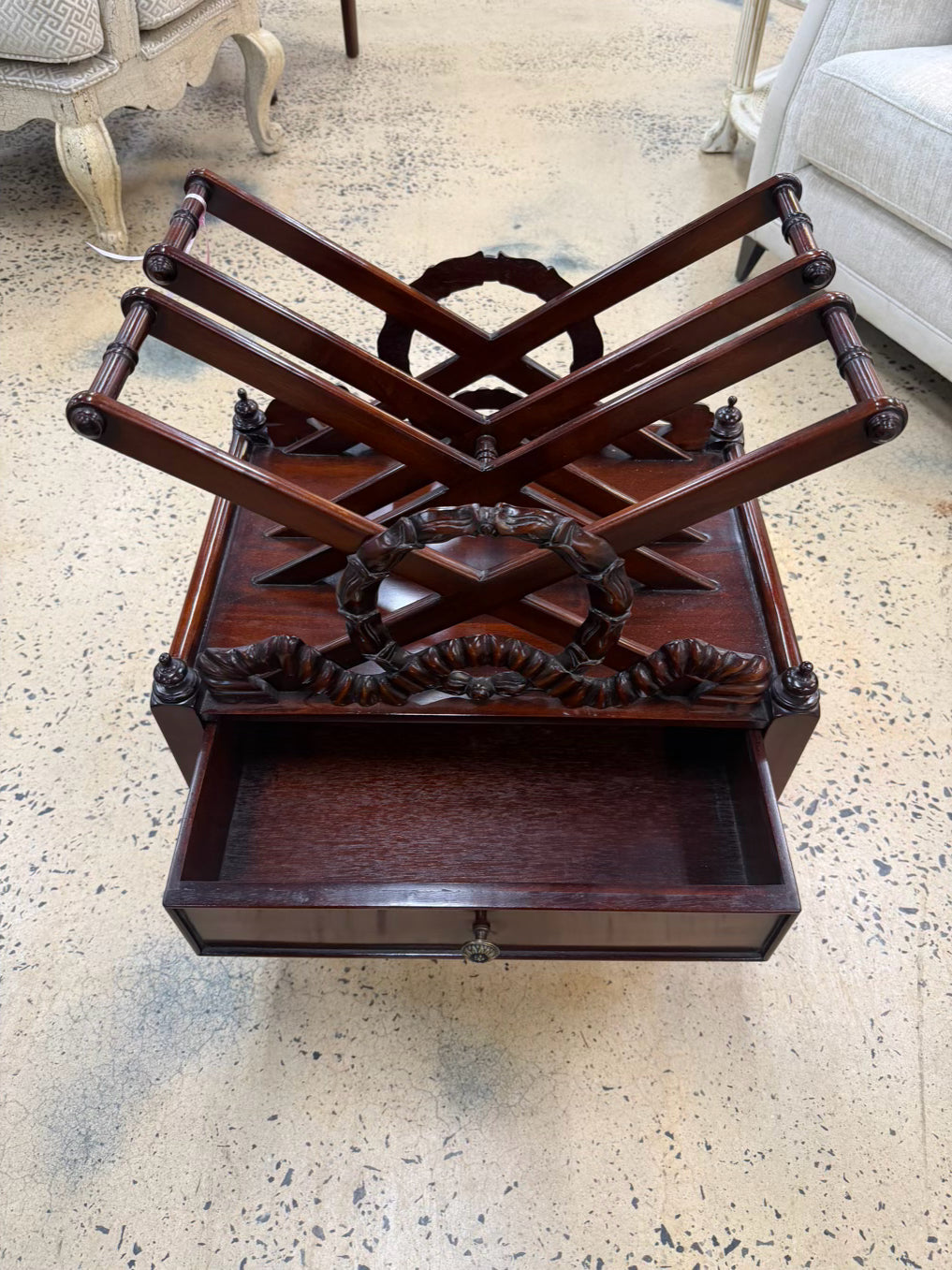 ENGLISH Dark Mahogany Canterbury Rack Magazine Stand w/ Bottom Drawer