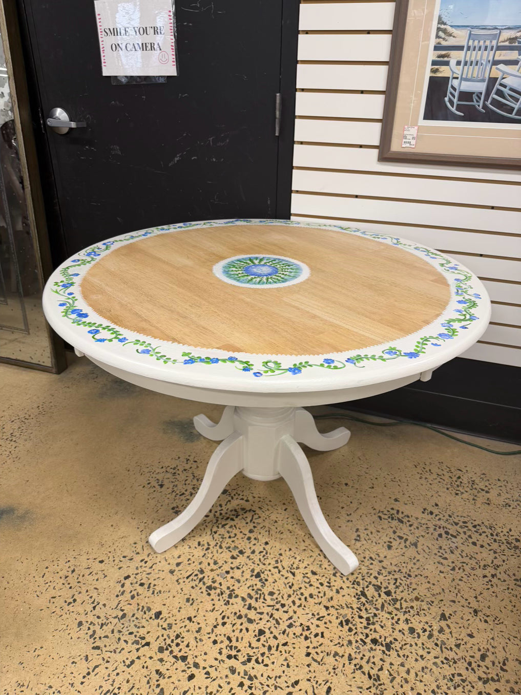 Blue, White & Green Natural Wood Hand Painted Boarder Round Table