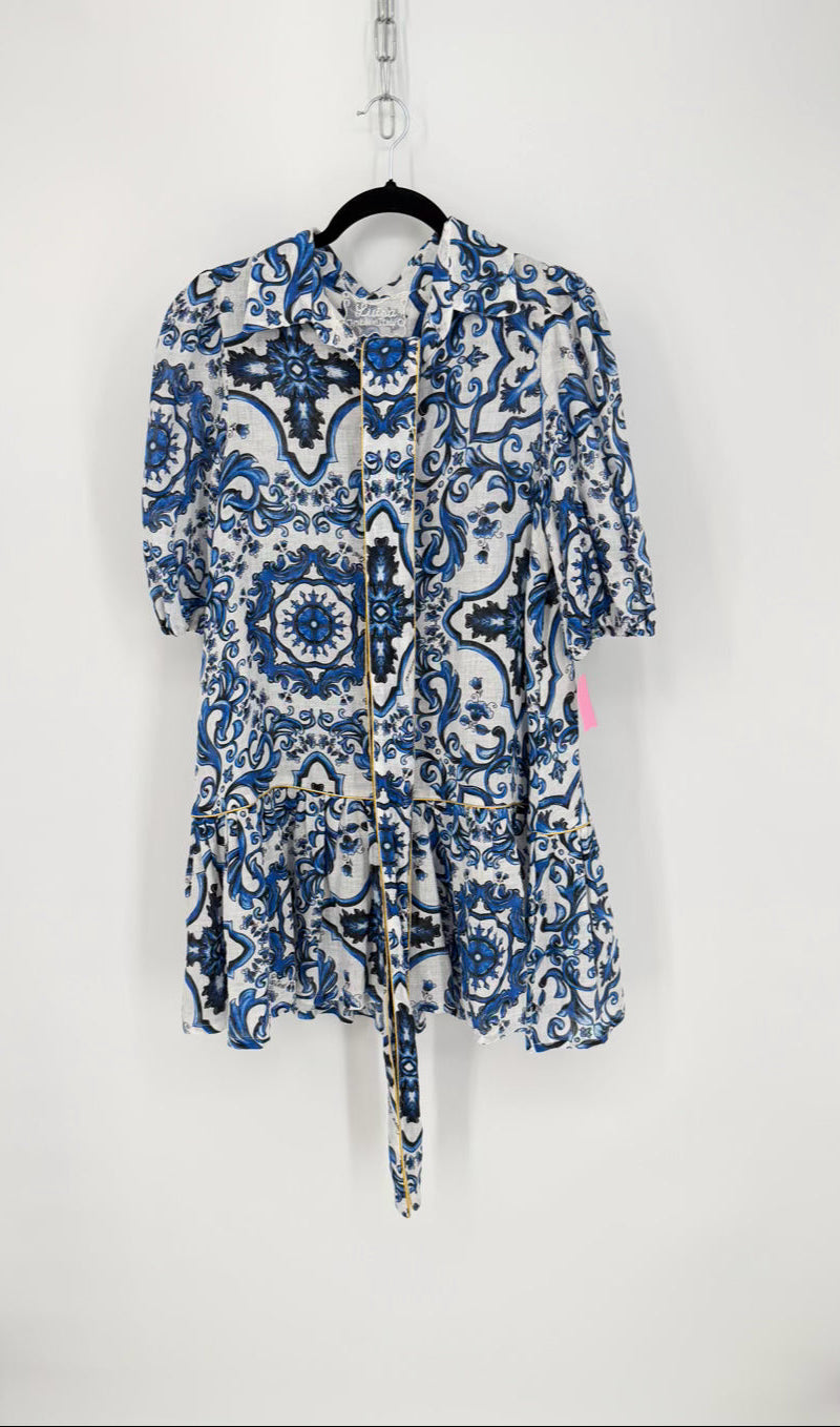 LUISA POSITANO Size M Blue & White Linen Dress w/ Belt