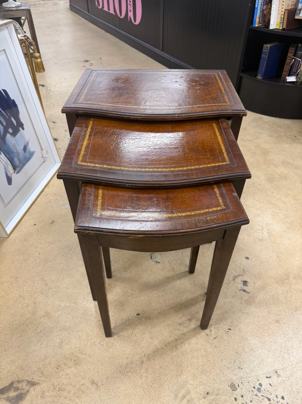 Dark Wood & Leather Nesting Tables Set of 3