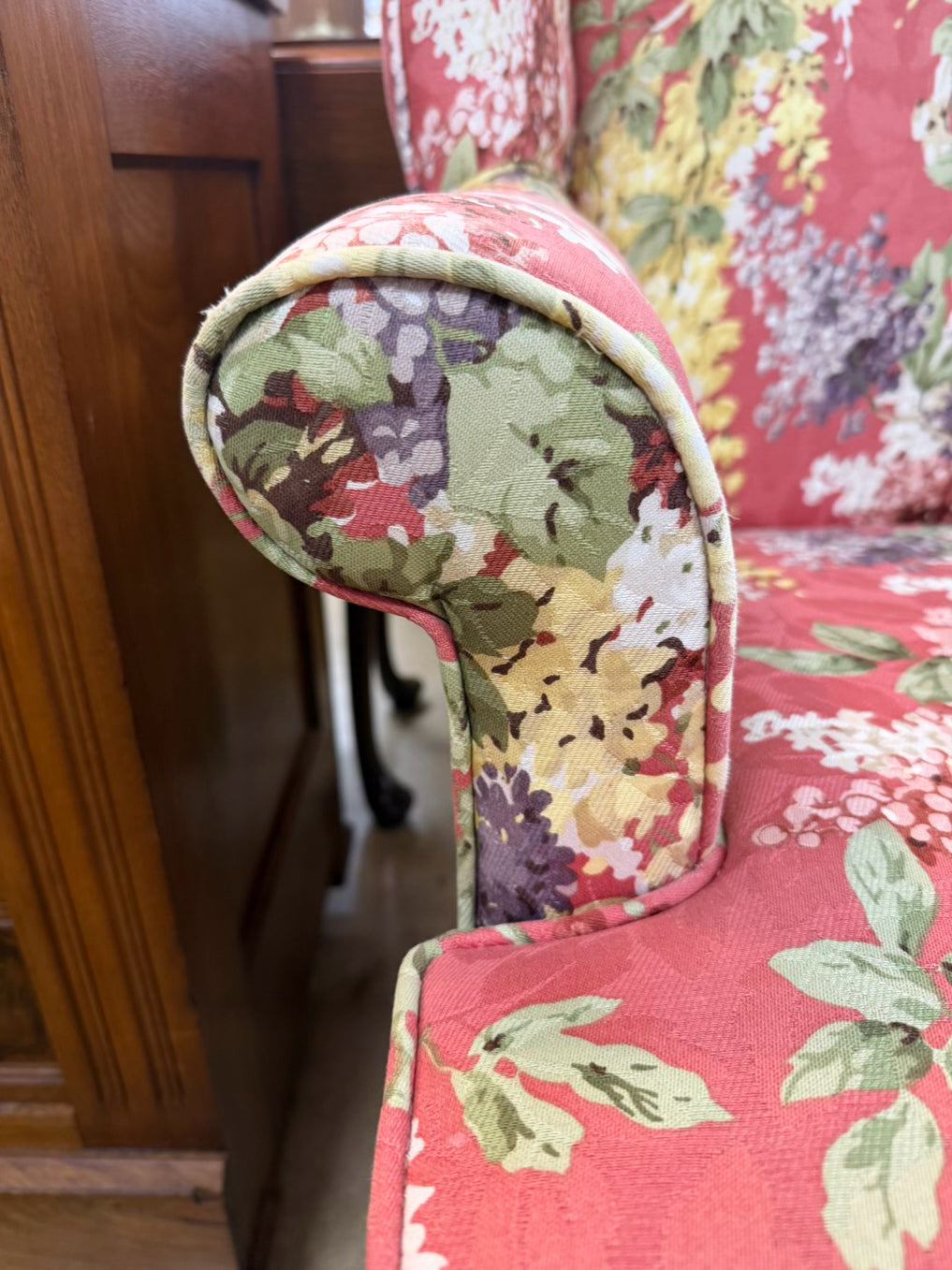 Salmon, Green & Yellow Floral Wing Back Chair