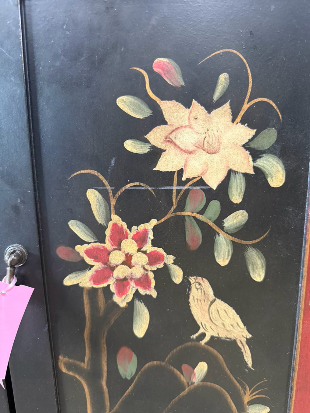 Black & Red Asian Inspired Painted Cabinet w/ 2 Drawers