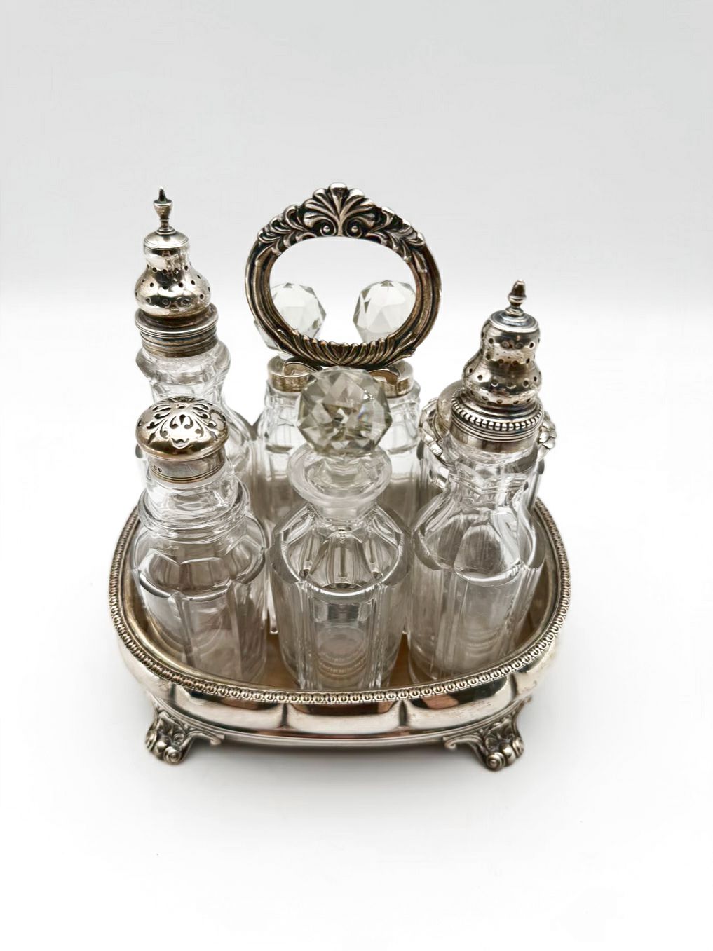 VINTAGE Silver Plate & Glass Cruet & Dispenser 7 Piece Set w/ Holder
