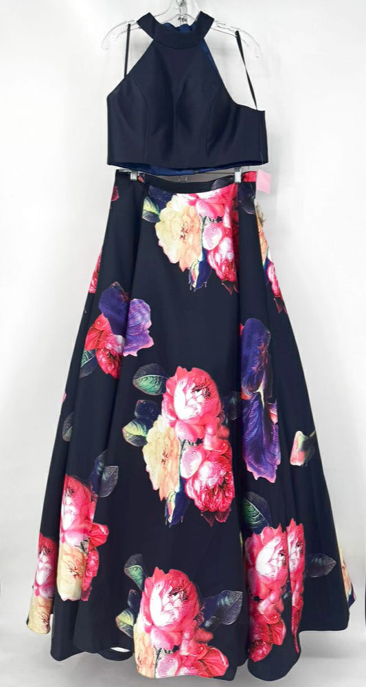 JOVANI Size 12 Navy Floral Print 2-Piece Dress