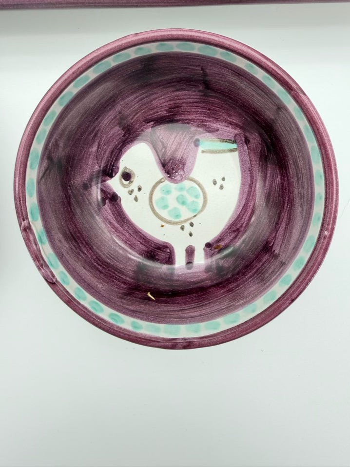VIETRI Purple & Aqua Pottery Birds Bread Tray w/ 2 Small Oil & Vinegar Bowls