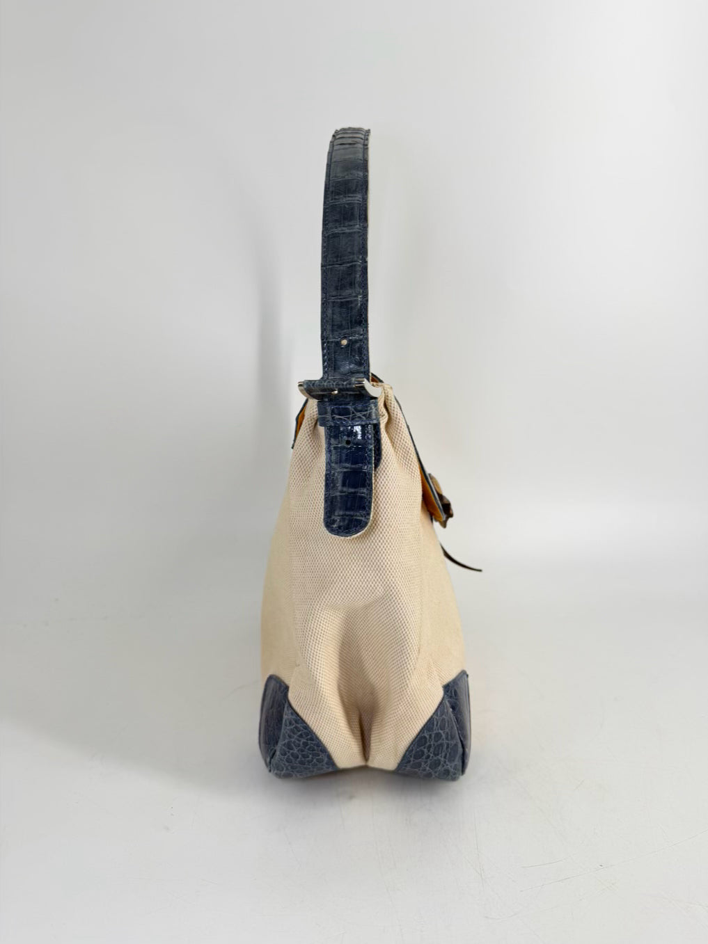 VINTAGE MARIO HERNANDEZ Canvas & Crocodile Embossed Leather Butterfly Shoulder Bag