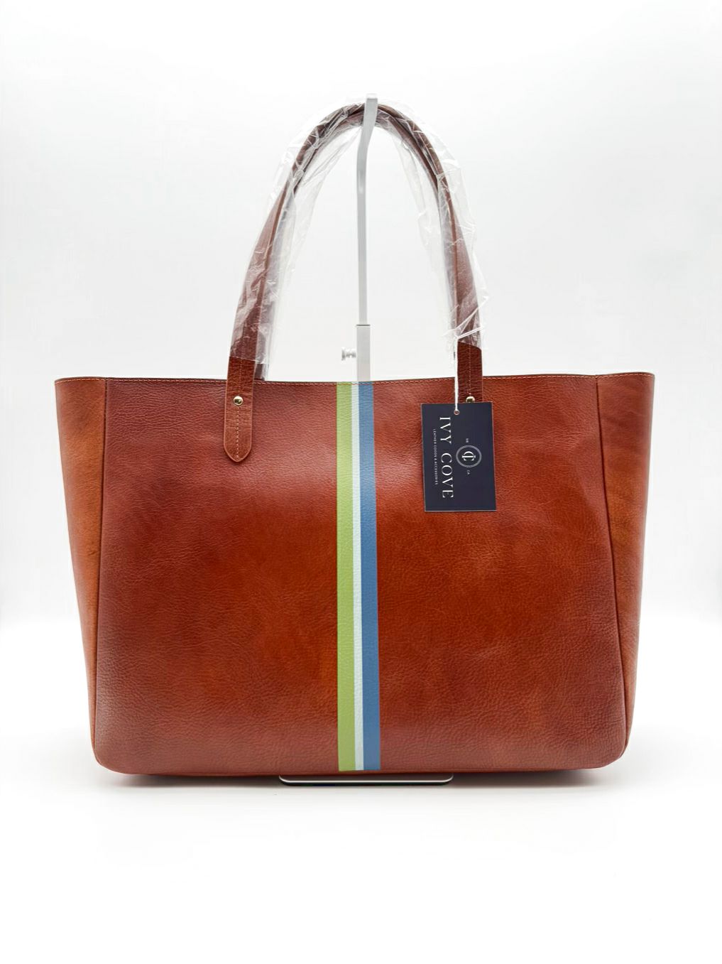 IVY COVE East West Brown & Blue Stripe Leather Tote Bag NWT