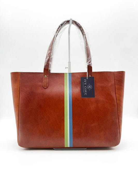 IVY COVE East West Brown & Blue Stripe Leather Tote Bag NWT