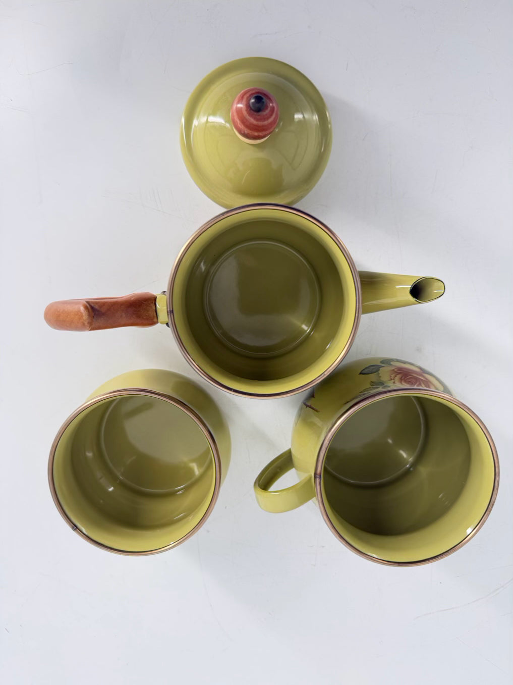 MACKENZIE CHILDS Green Enamel Floral 3 Piece Tea Set