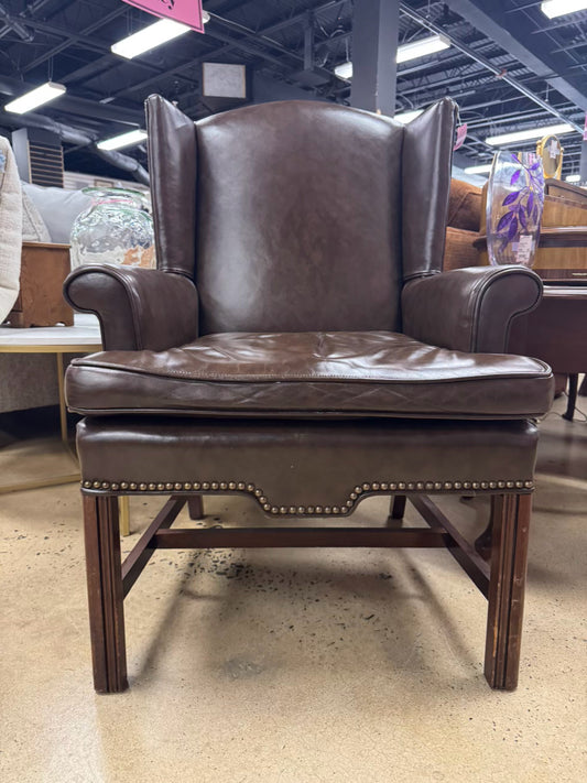 Brown Leather Nailheads Wingback Chair