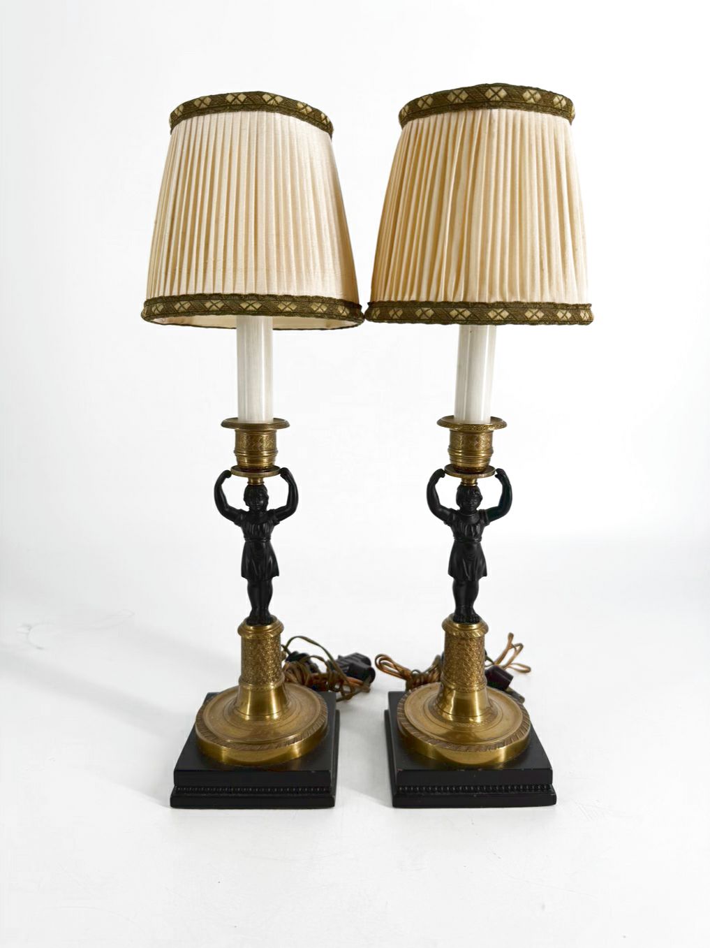 Brass & Bronze Candlestick Classical Rival Figural Pair of Lamps w/ Shades